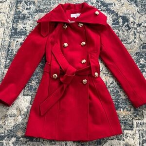 Calvin Klein wool blend Red belted pea coat with silver buttons